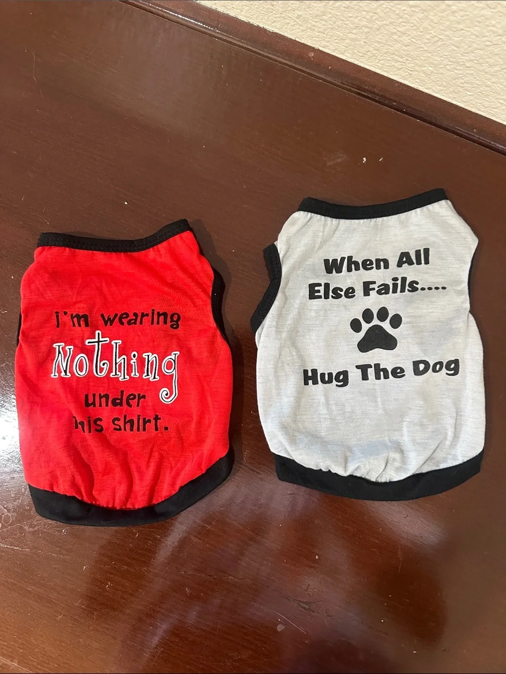 Red and White Dog Shirts with Text Prints